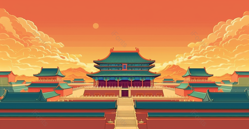 殿堂阶梯台阶城墙红色渐变大气国潮风插画故宫远山祥云,插画/手绘图,插画/手绘图库,插画/手绘图下载,插画/手绘